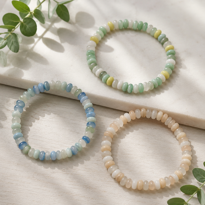 Bracelets with a cool color mix, glass rondelles, 2 pieces