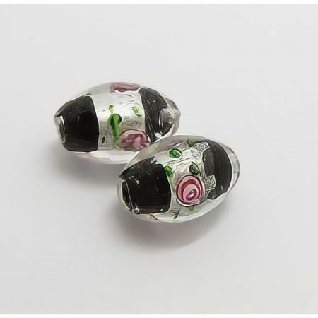 Glasperle Oval Silberfolie mit Röschen schwarz ca.16x11mm 1 Stück
