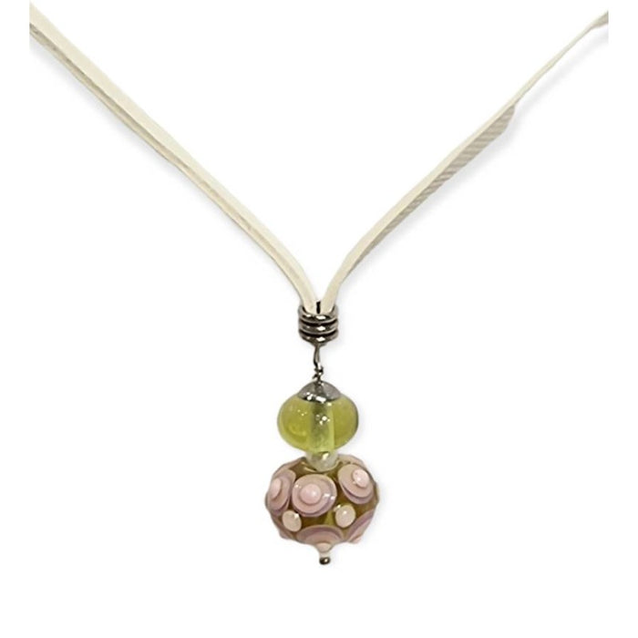 Kette Grün mit rosa Punkten Murano Glas Süsswasserpelen