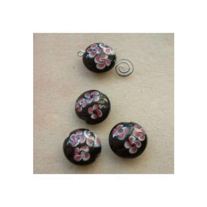 Glas Linse schwarz mit rosa / weissen Blumen ca.20x9.5mm