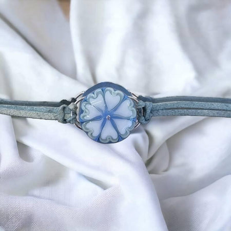 Armband mit Glastop Glasperle 25mm Blume zartblau mit Zirkon Swissmade