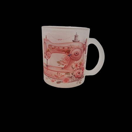 Glas Tasse matt Nähmaschiene + Spuhle rundum bedruckt  1 Stk