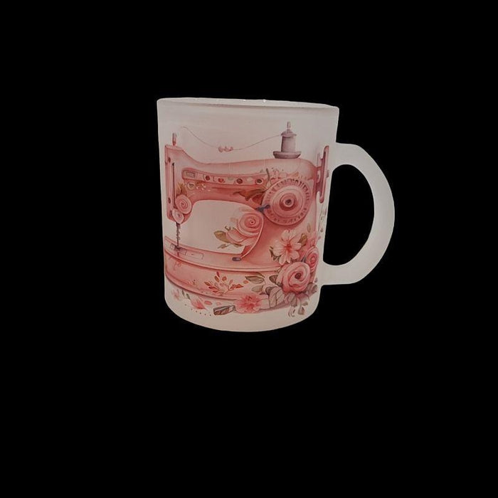 Glas Tasse matt Nähmaschiene + Spuhle rundum bedruckt  1 Stk