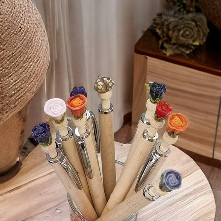 Kugelschreiber mit Handgefertigter rosa Glas Blume mit Zirkon 1 Stk – Bild 2
