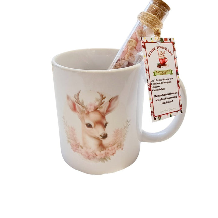 Tasse Reh bedruckt  mit Schokoladen Röhrchen 1 Stk