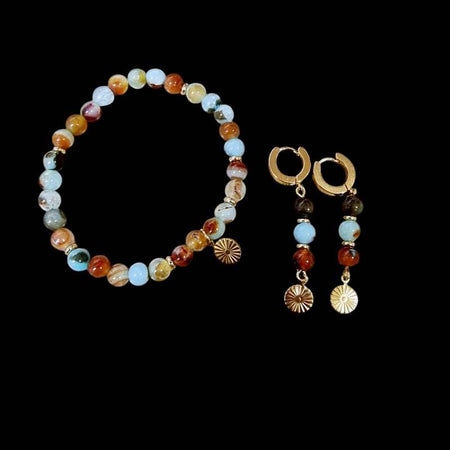 Armband/Ohrhänger Set Achat mit Edelstahl vergoldet