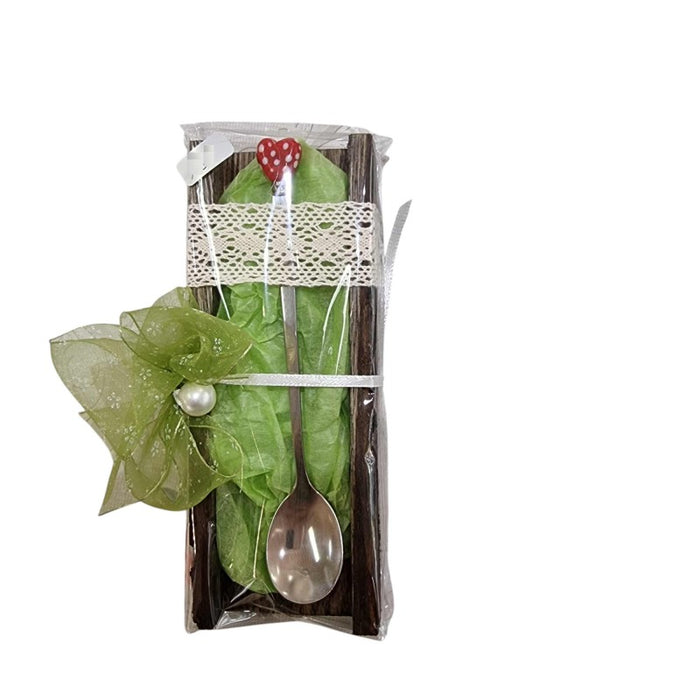 Herzchen Löffeli mit Glas Herz rot mit Tupfen verpackt 1 Stk