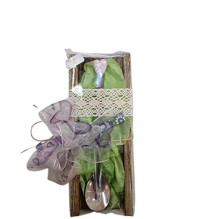 Herzchen Löffeli mit Glas Herz Pink mit Tupfen verpackt 1 Stk