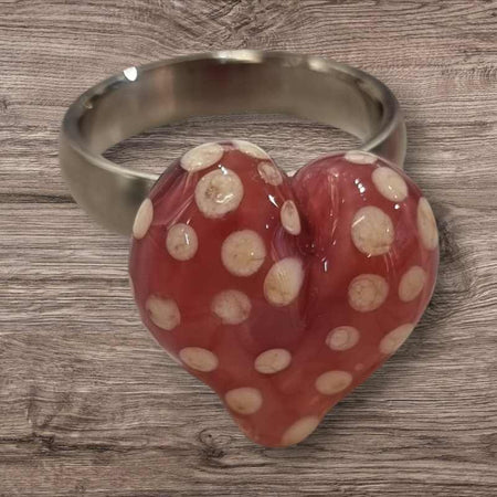 Ring Top Glas Herz mit Tupfen rosa 21mm
