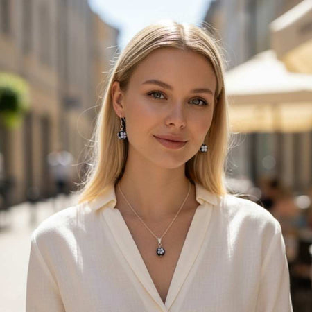 Set violett mit weissen Blümchen Muranoglas Perle – Bild 2