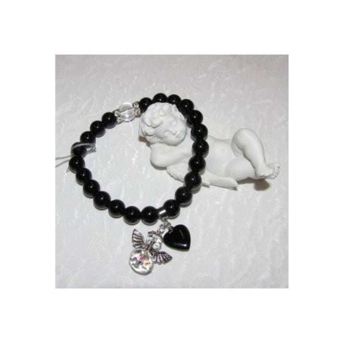 Armband Onyx 8mm Mit Herz+Engel Anhänger