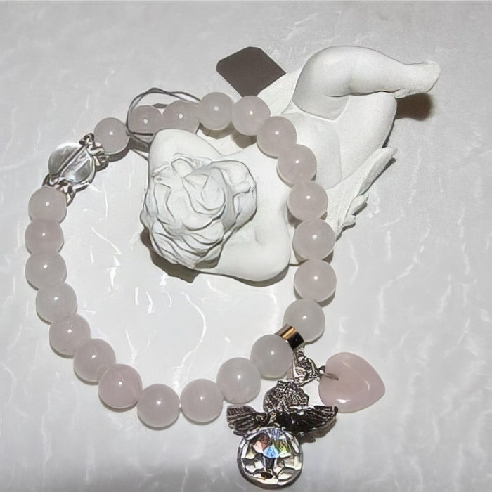 Armband Rosanquarz 8mm mit Herz+Engel Anhänger