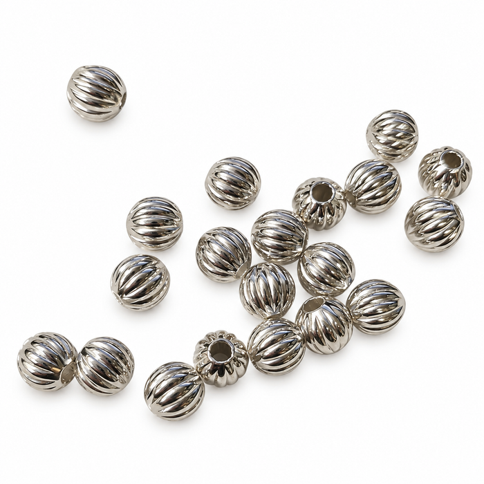 Silver-plated metal bead, grooved, 6 mm, 100 pieces